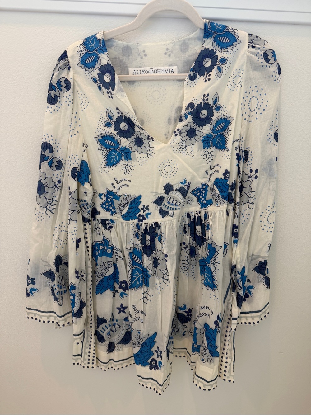 Alix Of Bohemia White Mini Dress with Blue Floral Print
